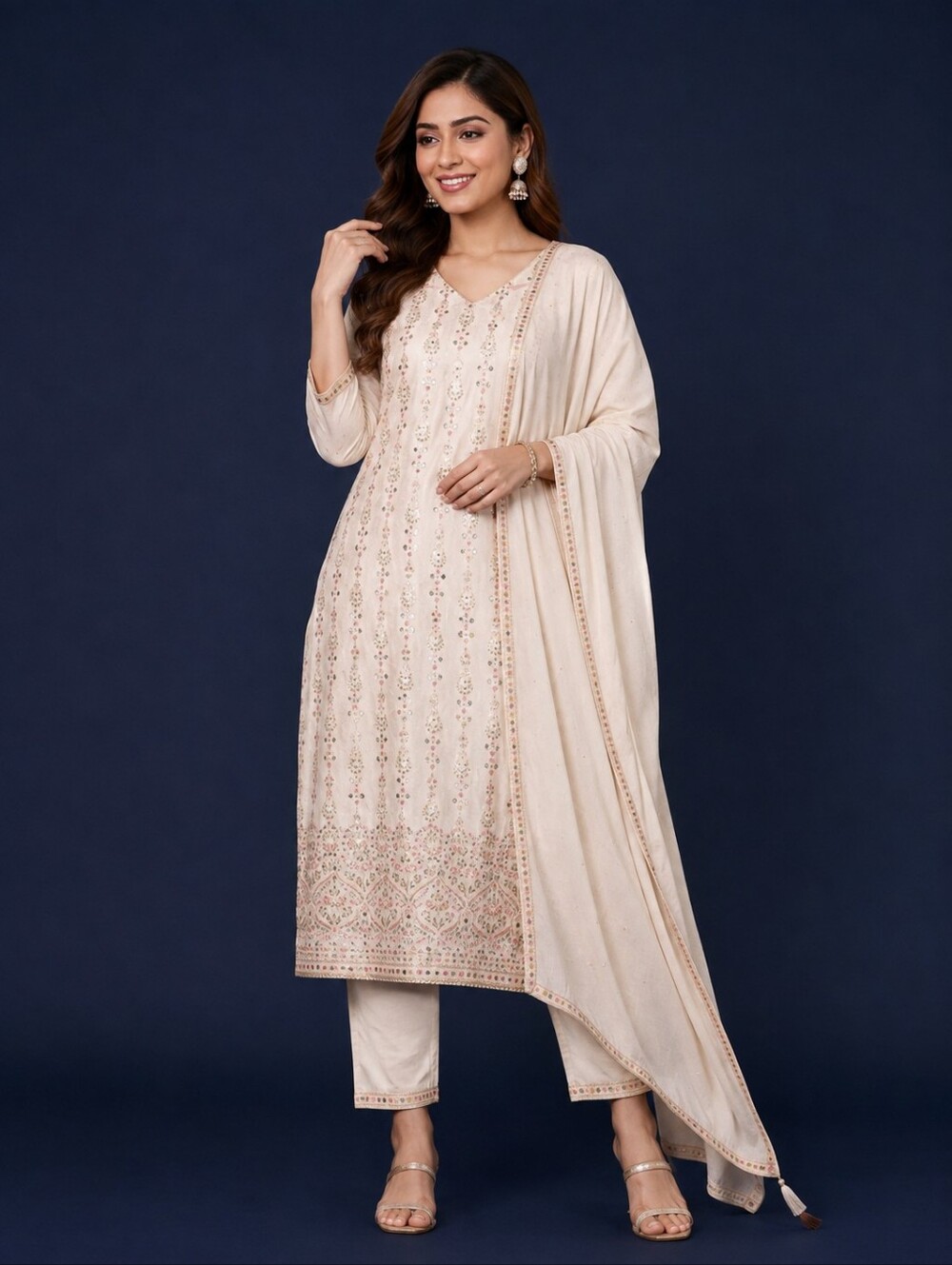 Libas Beige Silk Blend Kurta Set with Dupatta Indian Size XXL